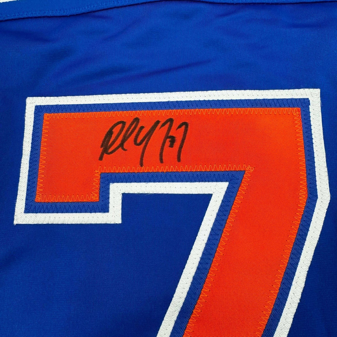 Framed Autographed/Signed Paul Coffey 35x39 Edmonton Blue Jersey JSA COA