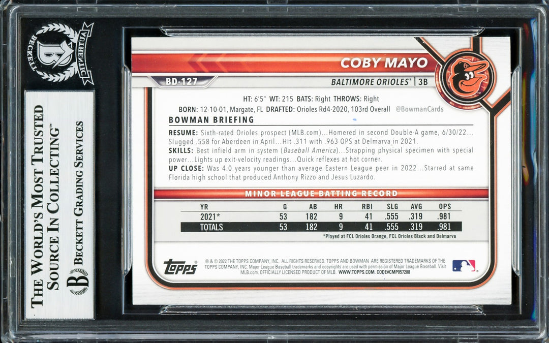 Coby Mayo Signed 2022 Bowman Draft RC BD127 Baltimore Orioles Beckett