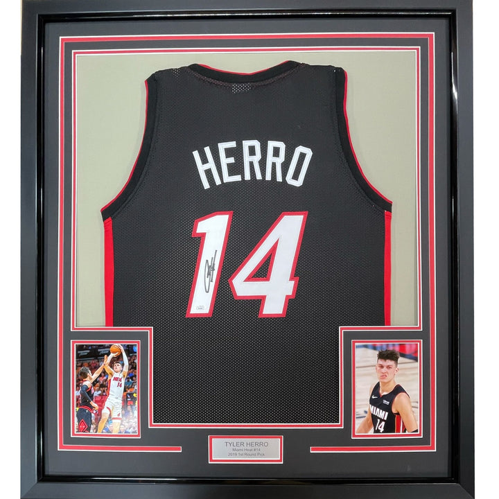 Framed Autographed/Signed Tyler Herro 33x42 Miami Black Jersey JSA COA