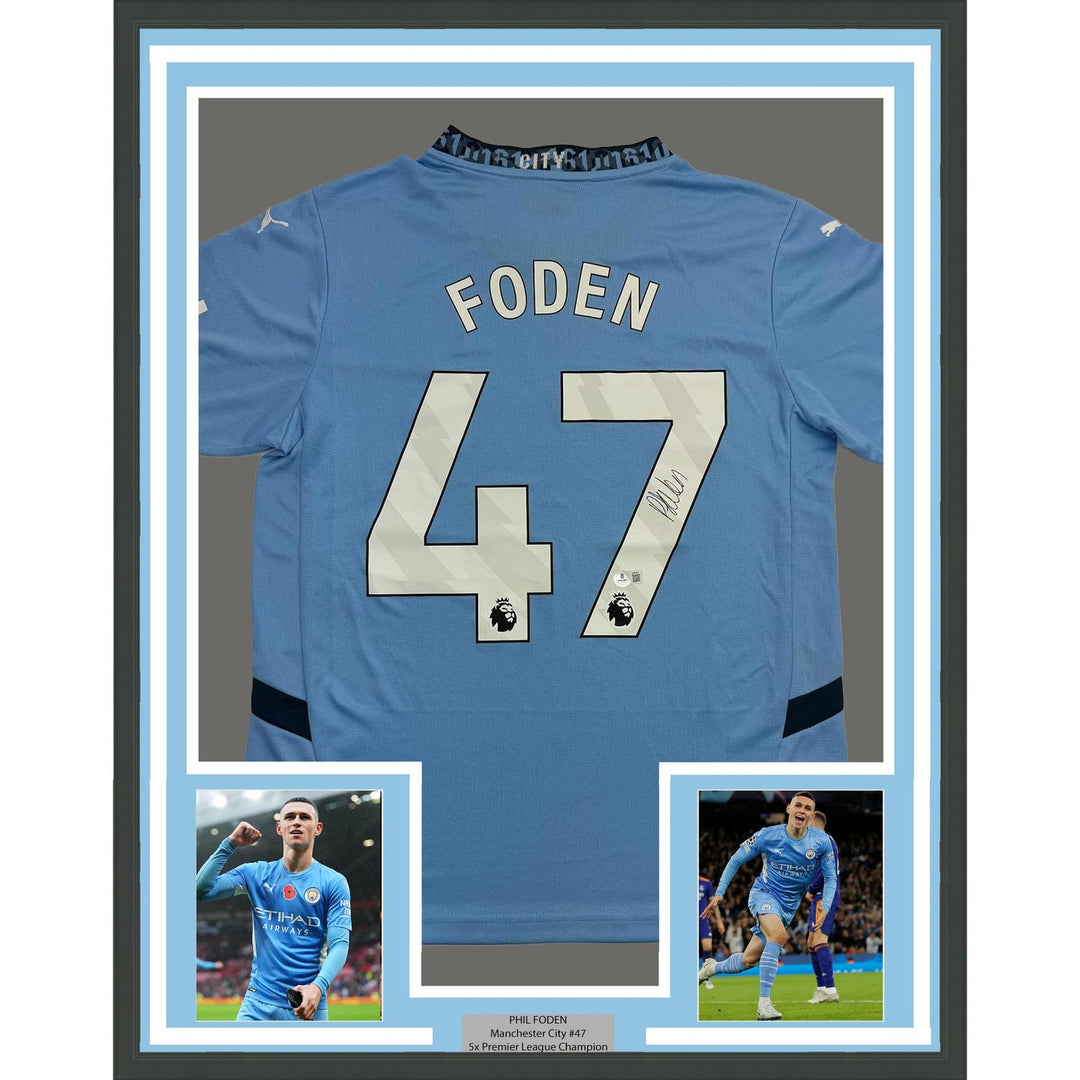 Framed Autographed/Signed Phil Foden 35x39 Man City Blue Jersey BAS COA #3