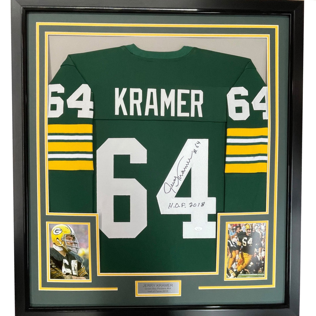 FRAMED Signed JERRY KRAMER HOF 35x39 Green Bay Green Jersey JSA COA