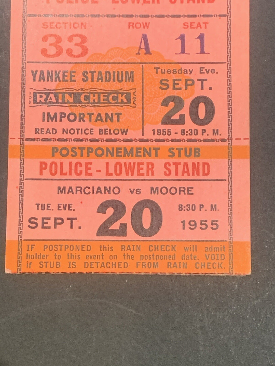 1955 Rocky Marciano Retires Last Fight Ticket Stub Original 49-0 Yankee Stadium