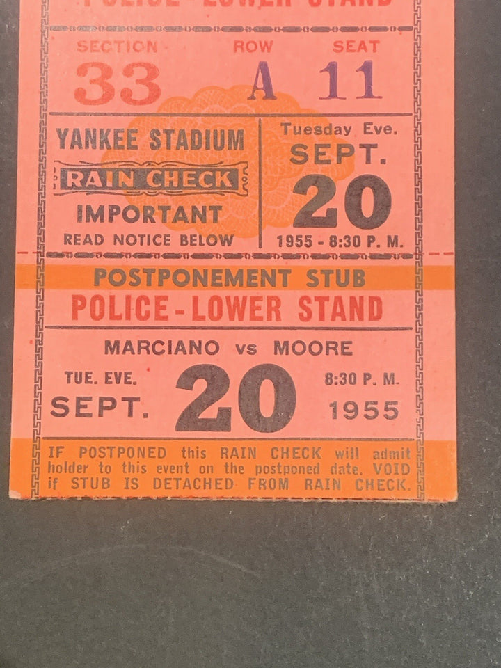 1955 Rocky Marciano Retires Last Fight Ticket Stub Original 49-0 Yankee Stadium
