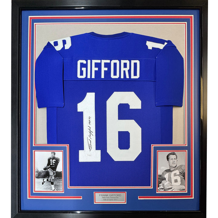 FRAMED Autographed/Signed FRANK GIFFORD HOF 33x42 New York Blue Jersey JSA COA