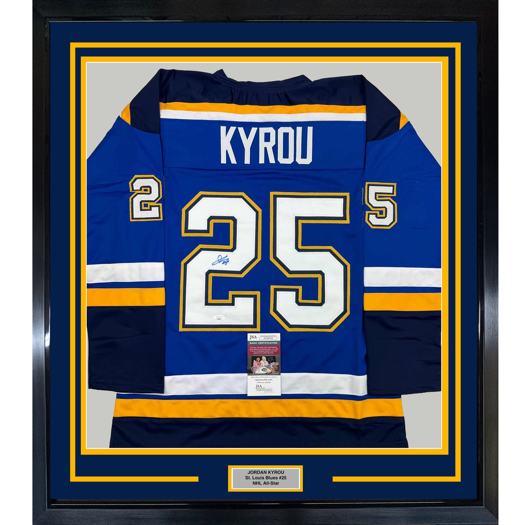 Framed Autographed/Signed Jordan Kyrou 35x39 St. Louis Blue Jersey JSA COA