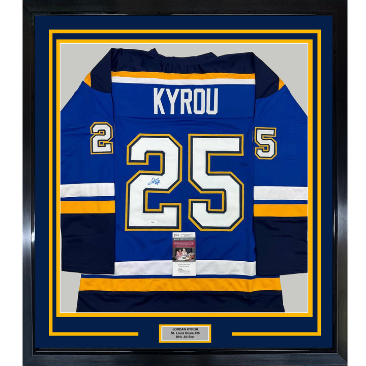 Framed Autographed/Signed Jordan Kyrou 35x39 St. Louis Blue Jersey JSA COA