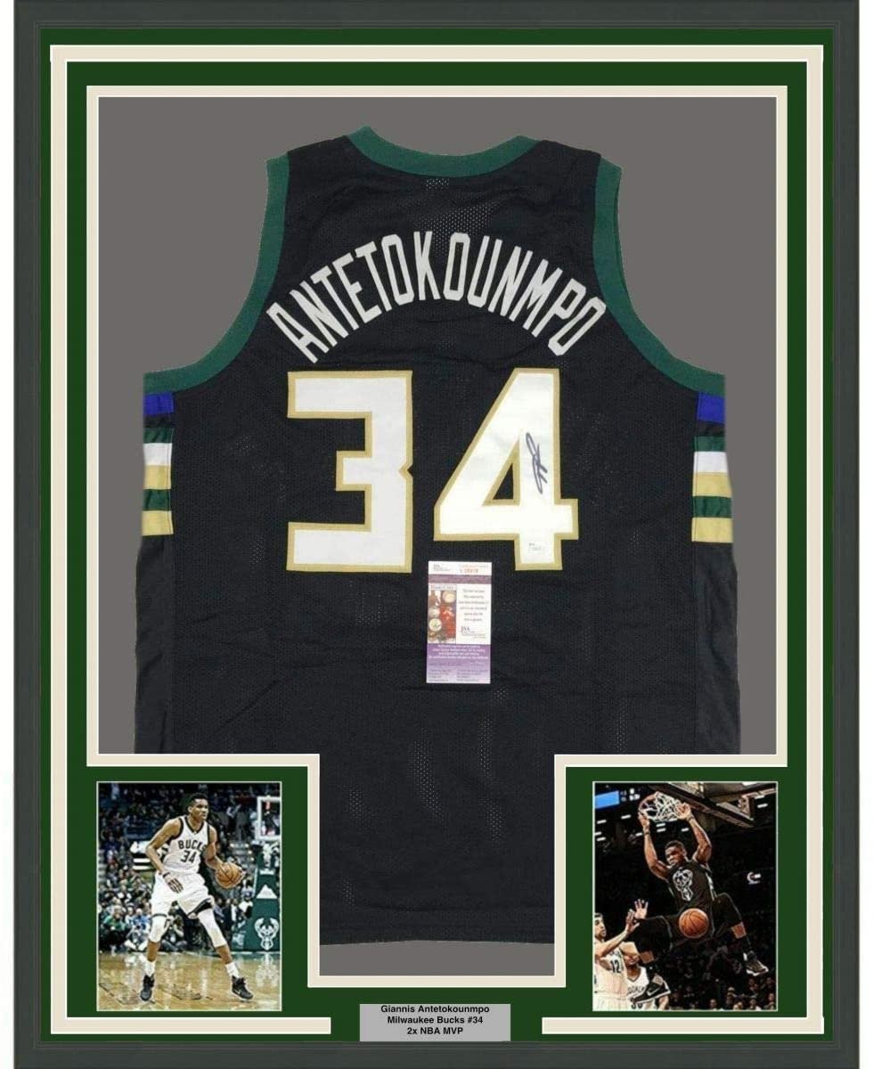 FRAMED Autographed/Signed GIANNIS ANTETOKOUNMPO 35x39 Black Jersey JSA COA
