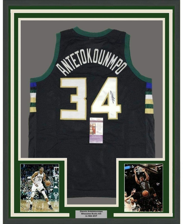 FRAMED Autographed/Signed GIANNIS ANTETOKOUNMPO 35x39 Black Jersey JSA COA