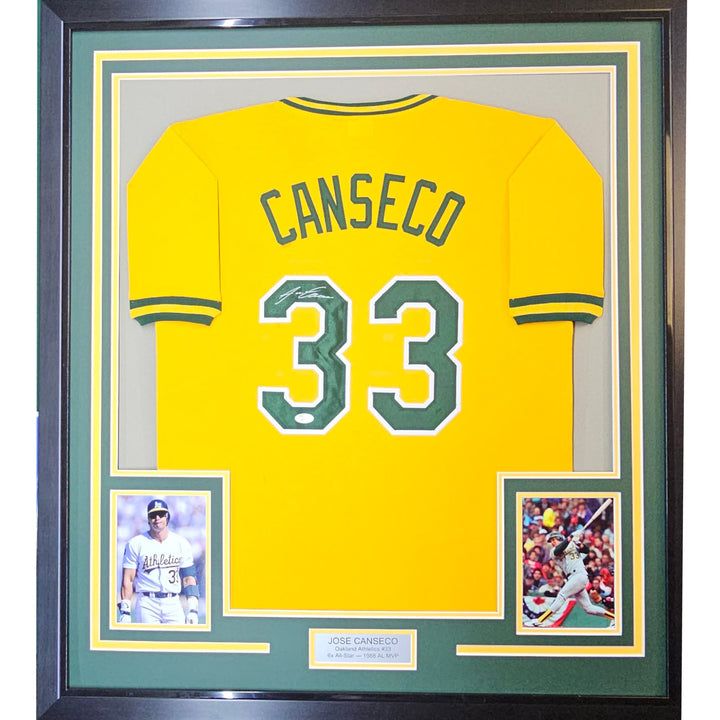 FRAMED Autographed/Signed JOSE CANSECO 33x42 Oakland Yellow Jersey JSA COA Auto