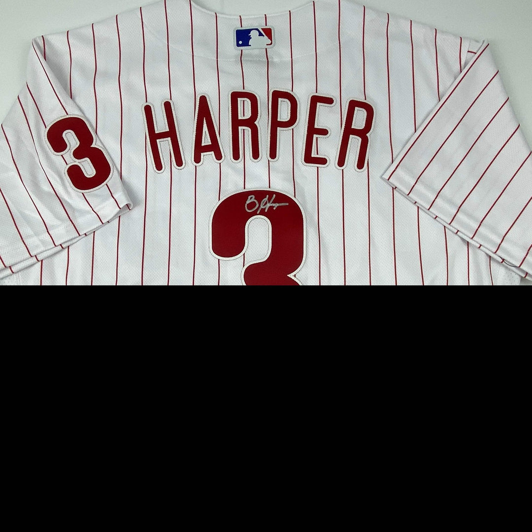Autographed/Signed Bryce Harper Phillies Pinstripe Authentic Jersey Fanatics COA
