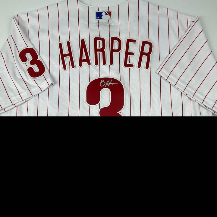 Autographed/Signed Bryce Harper Phillies Pinstripe Authentic Jersey Fanatics COA
