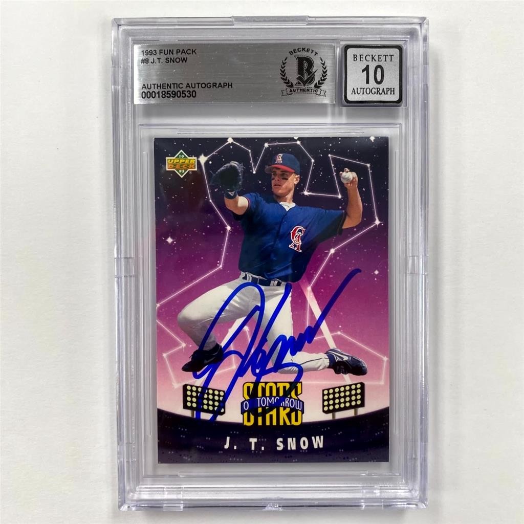 J.T. Snow signed 1993 Fun Pack #8 Rookie Card RC Angels ~ Beckett BAS 10 Auto
