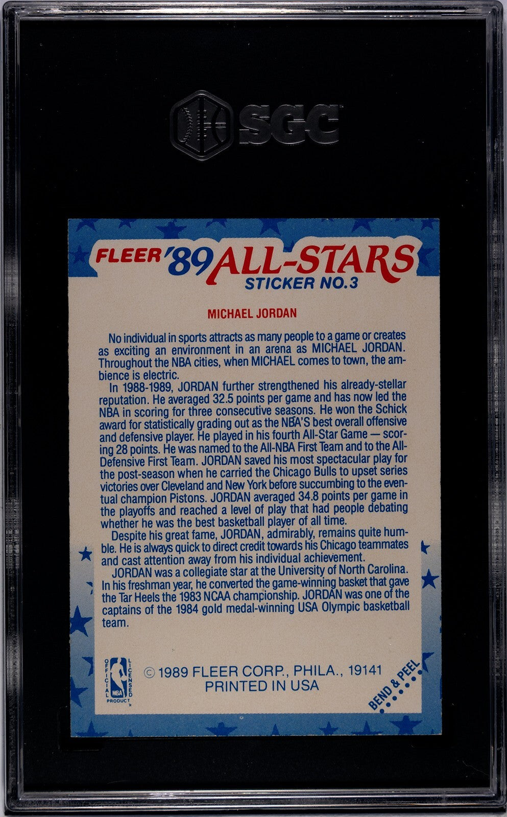 Michael Jordan 1989-90 Fleer All-Star Sticker/Card #3- SGC Graded 8 NM-MT