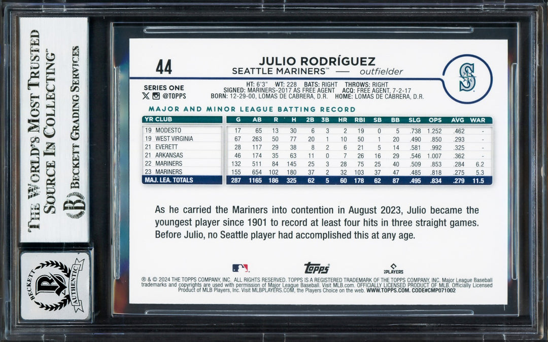 Julio Rodriguez Signed 2024 Topps Card 44 Seattle Mariners Auto GM 10 Beckett