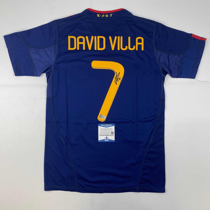 Autographed/Signed David Villa Spain Blue World Cup Jersey Beckett BAS COA