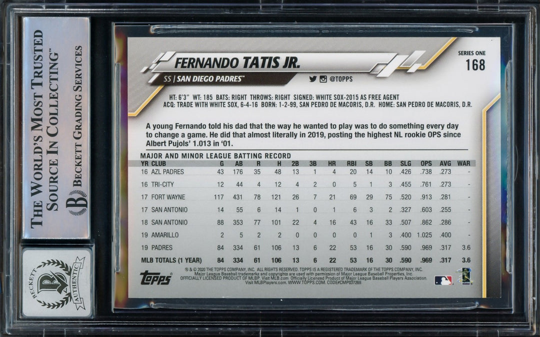 Fernando Tatis Jr. Signed 2020 Topps Card 168 Padres Auto GM 10 Beckett