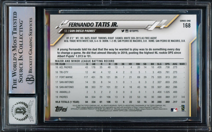 Fernando Tatis Jr. Signed 2020 Topps Card 168 Padres Auto GM 10 Beckett