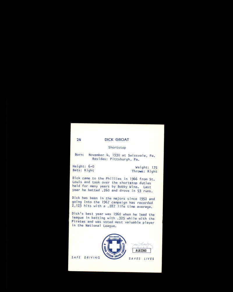 Dick Groat JSA Coa Signed 1967 Philadelphia Safe Driving Autograph