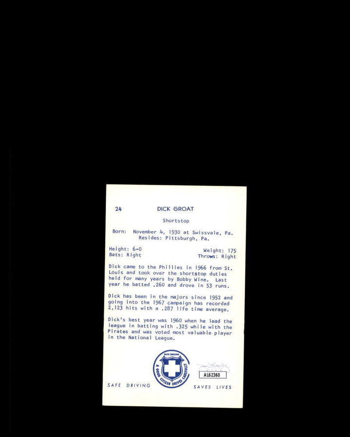 Dick Groat JSA Coa Signed 1967 Philadelphia Safe Driving Autograph