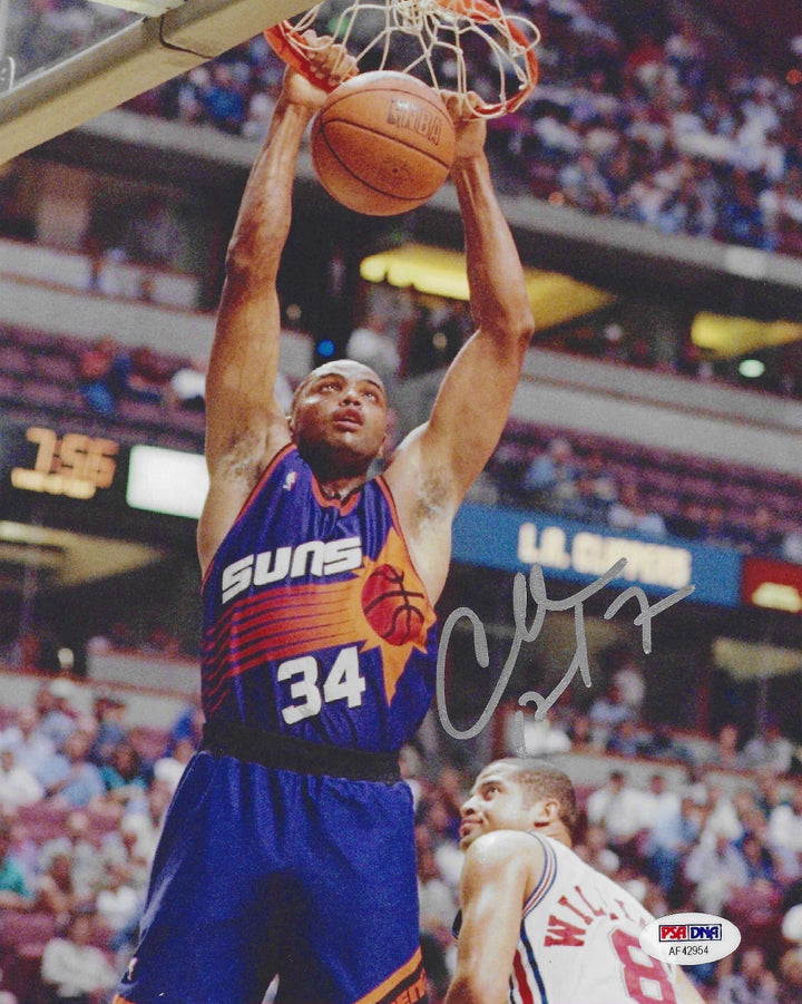 CHARLES BARKLEY SIGNED PHOENIX SUNS BASKETBALL 8X10 PHOTO USA PSA COA