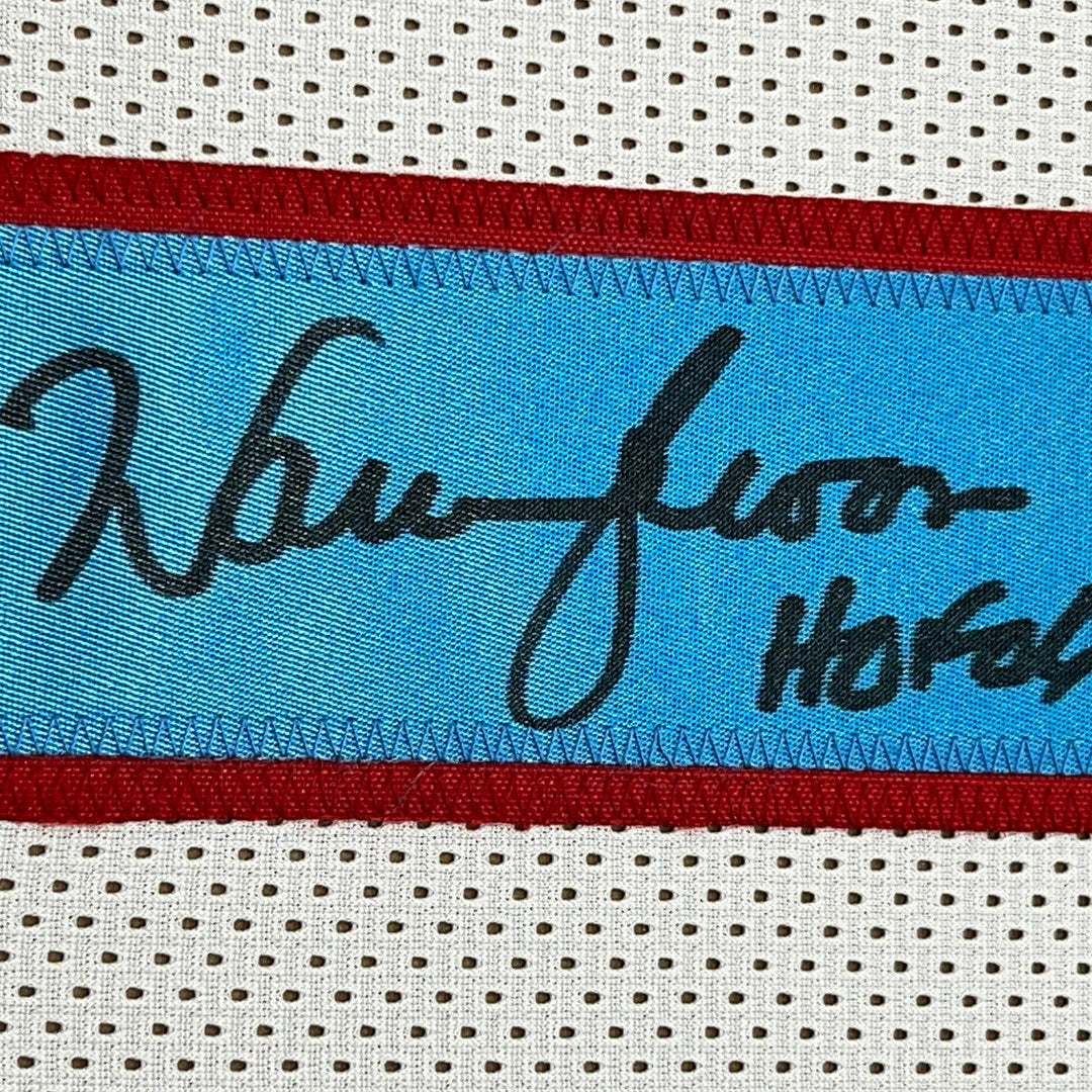 Framed Signed Warren Moon 35x39 HOF 06 Houston White Jersey JSA COA