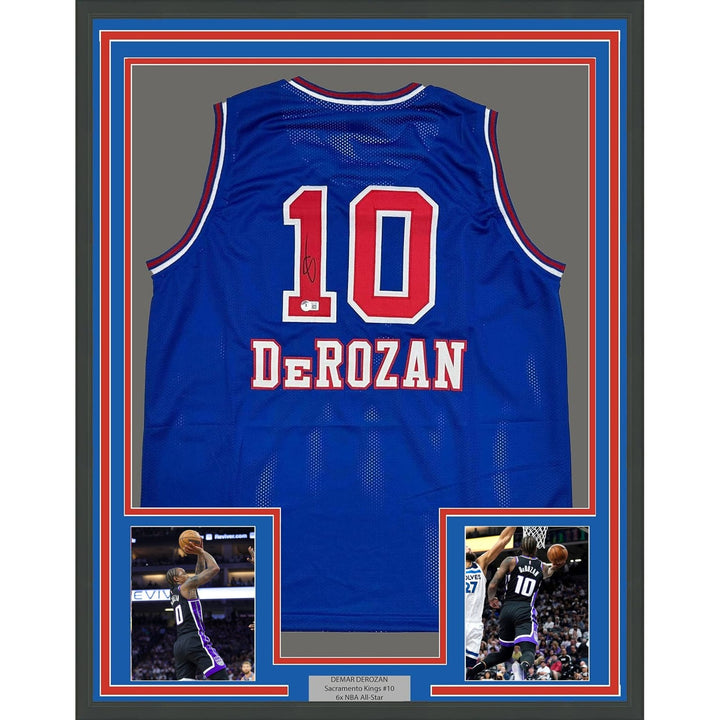 Framed Autographed/Signed DeMar DeRozan 35x39 Blue KC Retro Jersey BAS COA