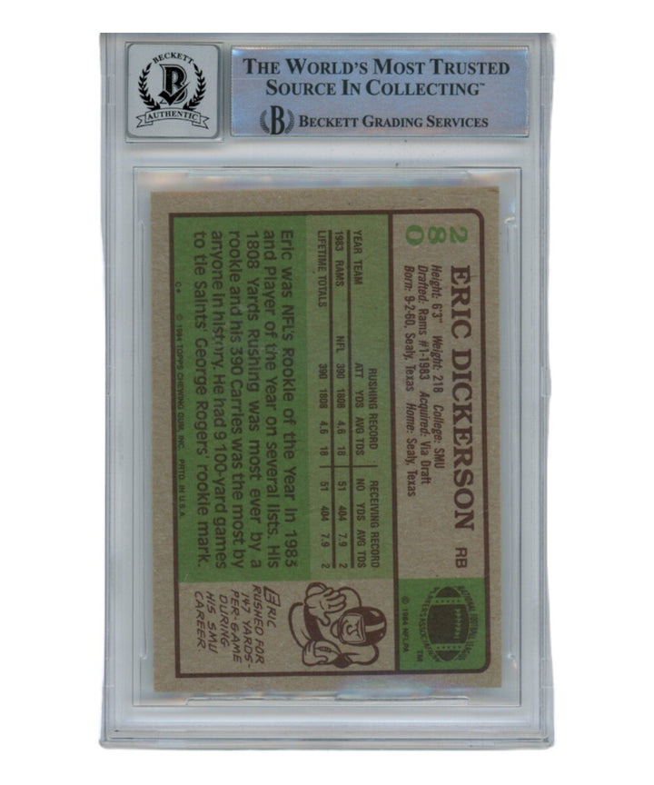 Eric Dickerson Signed 1984 Topps #280 Auto 10 Trading Card HOF Beckett 40345
