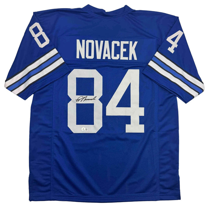 Autographed/Signed Jay Novacek Dallas Blue Football Jersey Beckett BAS COA