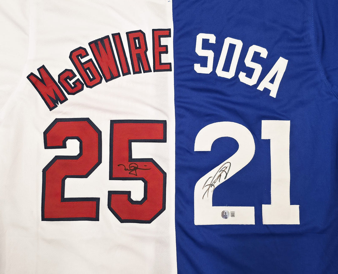 Mark McGwire & Sammy Sosa Auto Red, White & Blue Jersey Cardinals, Cubs Beckett