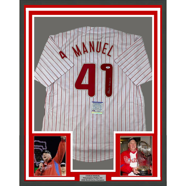 Framed Autographed/Signed Charlie Manuel 33x42 Pinstripe Jersey PSA/DNA COA