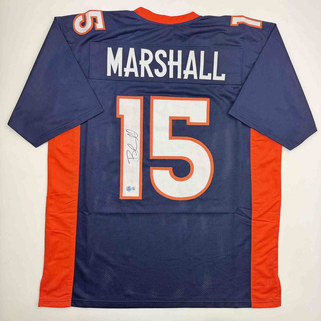 Autographed/Signed Brandon Marshall Denver Blue Football Jersey Beckett BAS COA