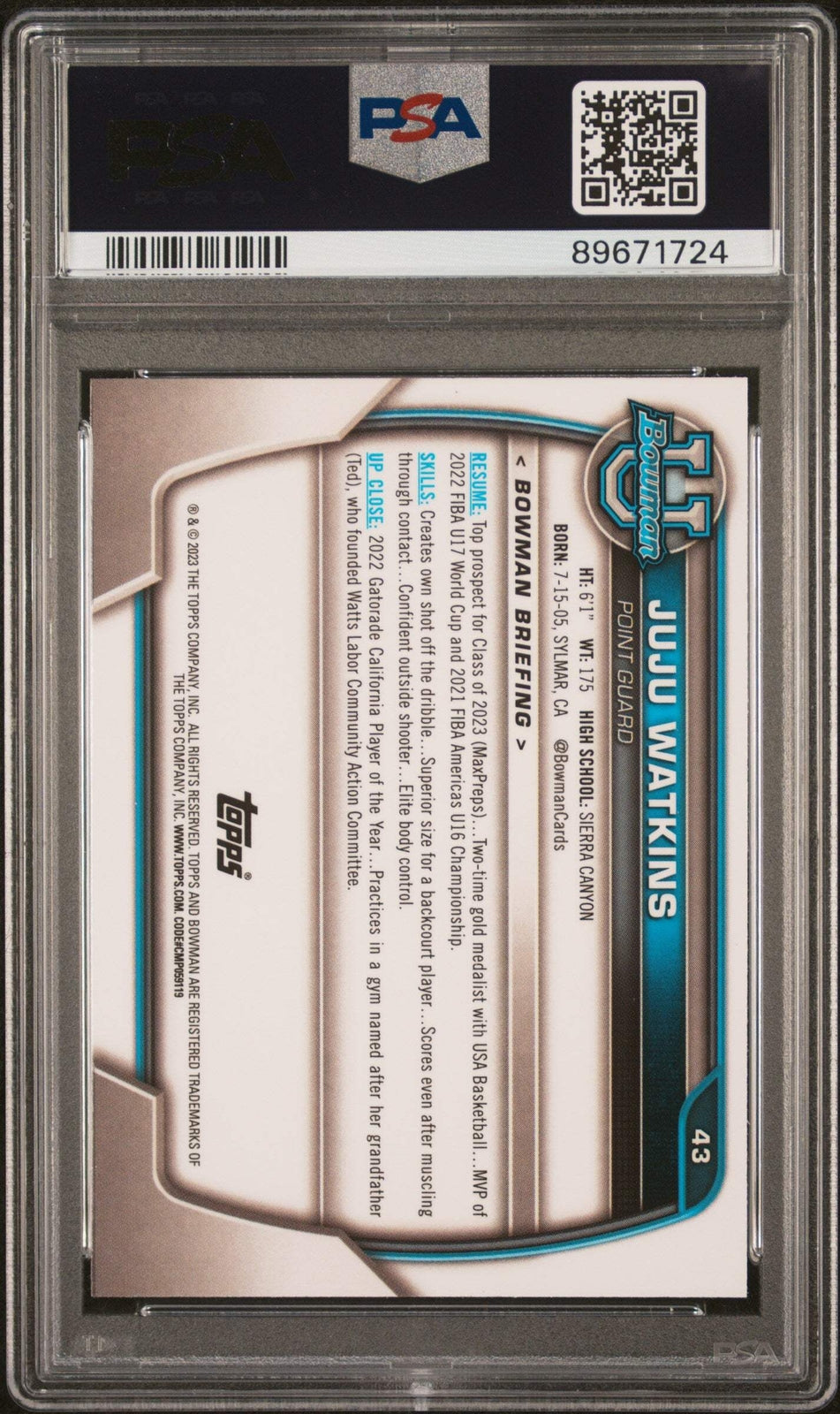 Graded 2022 Topps Bowman University JuJu Watkins #43 RC Basketball Card PSA 10
