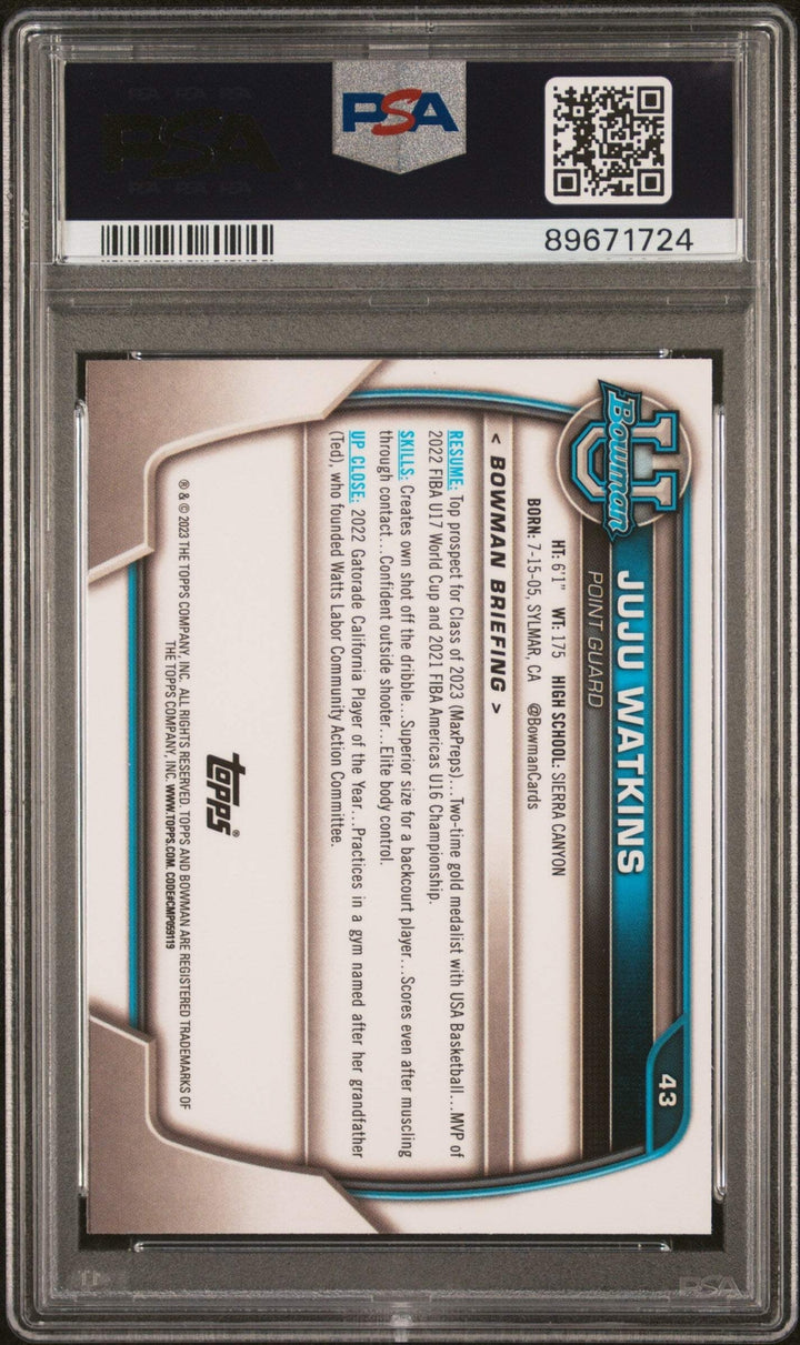 Graded 2022 Topps Bowman University JuJu Watkins #43 RC Basketball Card PSA 10