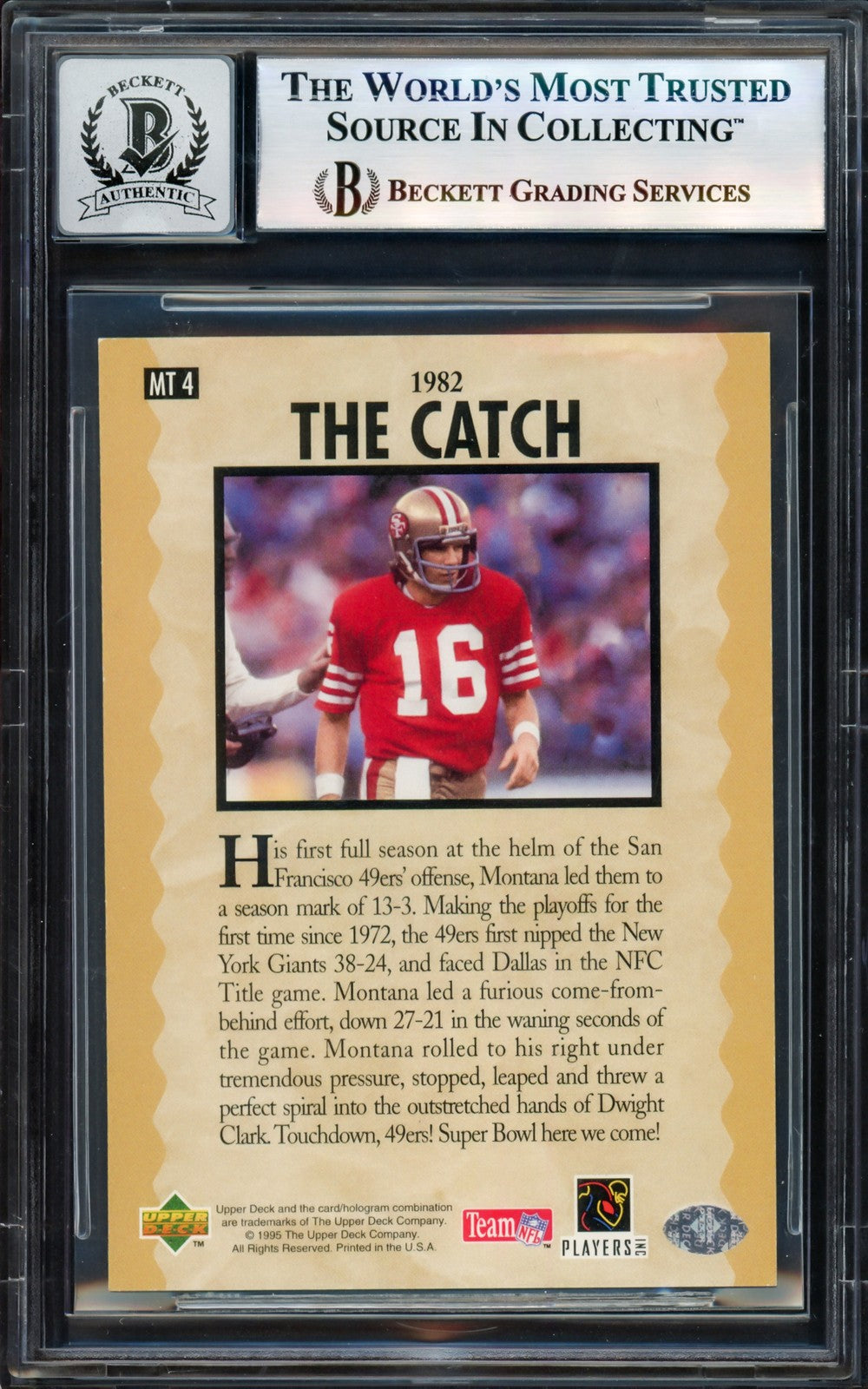 Joe Montana Signed 1995 Upper Deck Card MT4 49ers Auto GM 10 The Catch Beckett