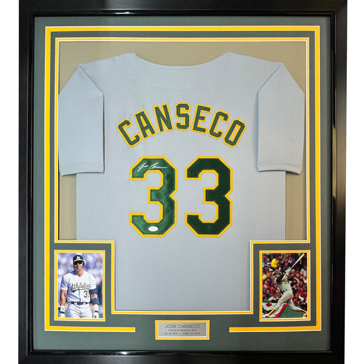FRAMED Autographed/Signed JOSE CANSECO 33x42 Oakland Grey Jersey JSA COA Auto