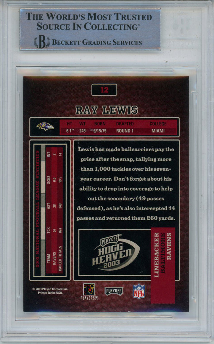 Ray Lewis Signed 2003 Playoff Hogg Heaven #12 Trading Card Beckett Slab 43357