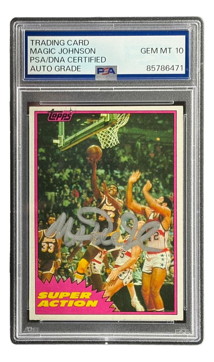 Magic Johnson Signed In Silver On Card 1981 Topps #109 Lakers Card PSA Auto 10