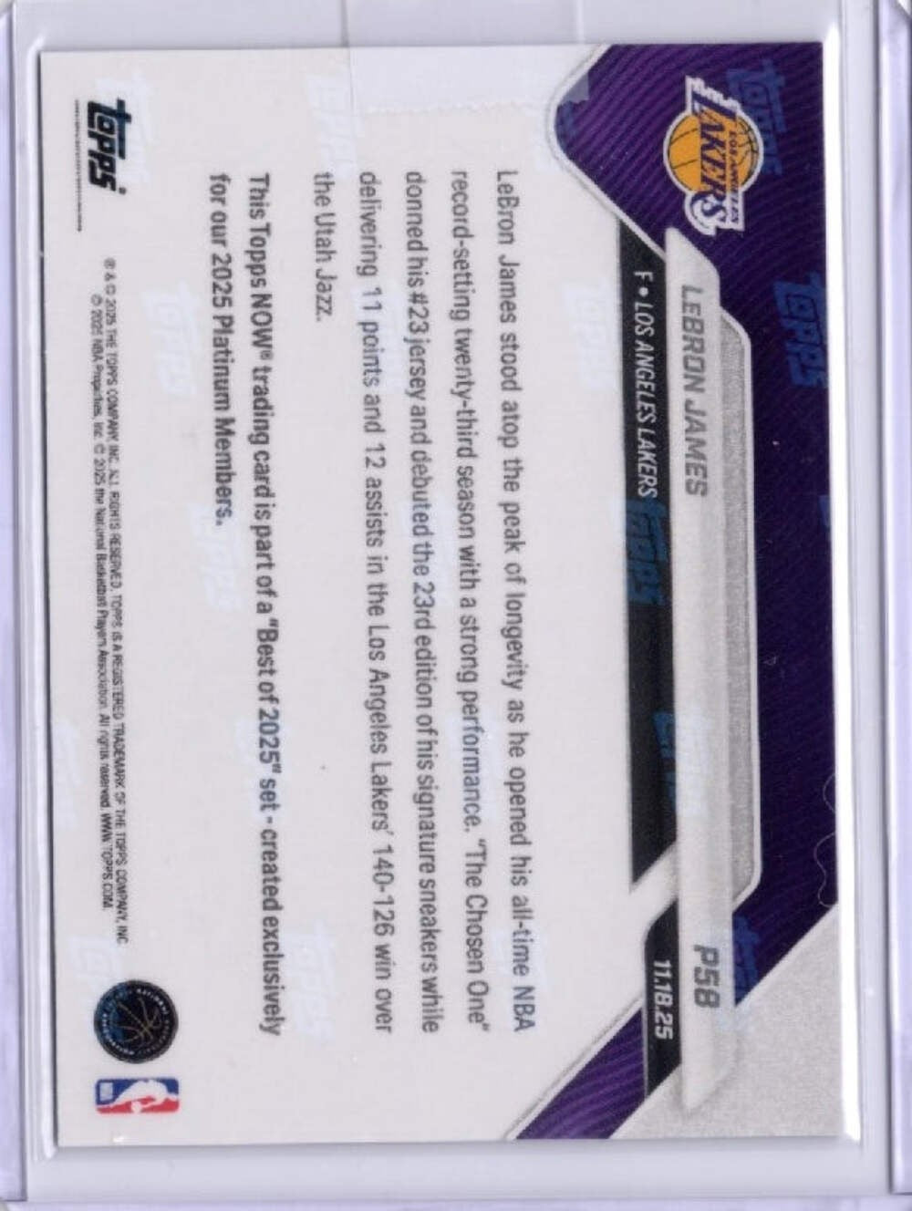 2025 Topps Now LeBron James #P58 Platinum Member Basketball Card