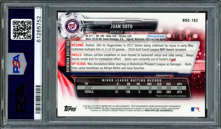 Juan Soto Auto 2017 Bowman Draft Chrome Blue Refractor RC PSA 8 Sig 10 WS #/150