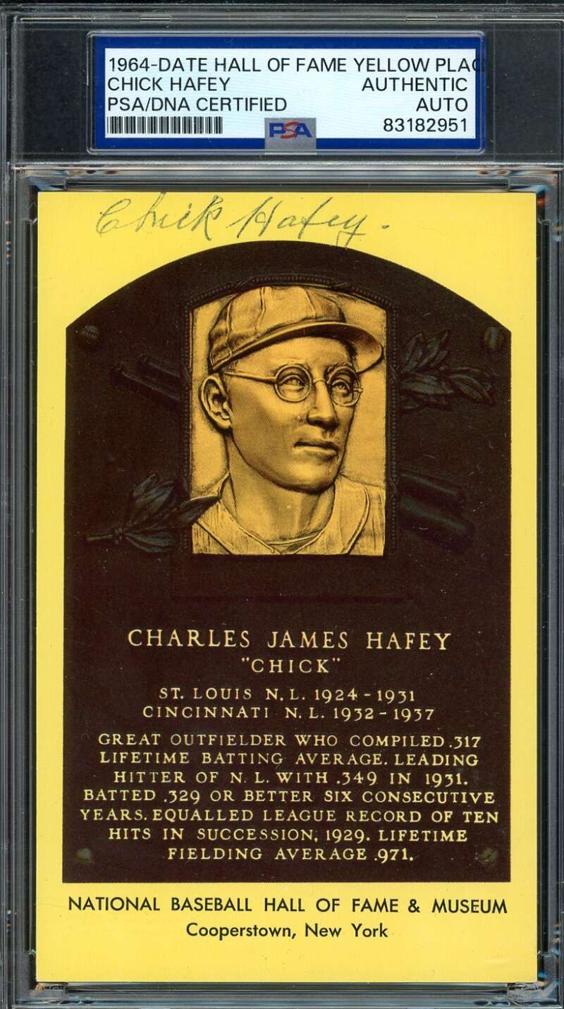 Chick Hafey PSA DNA Cert Signed Gold Hall of Fame Plaque Postcard Autograph