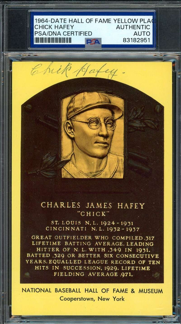 Chick Hafey PSA DNA Cert Signed Gold Hall of Fame Plaque Postcard Autograph