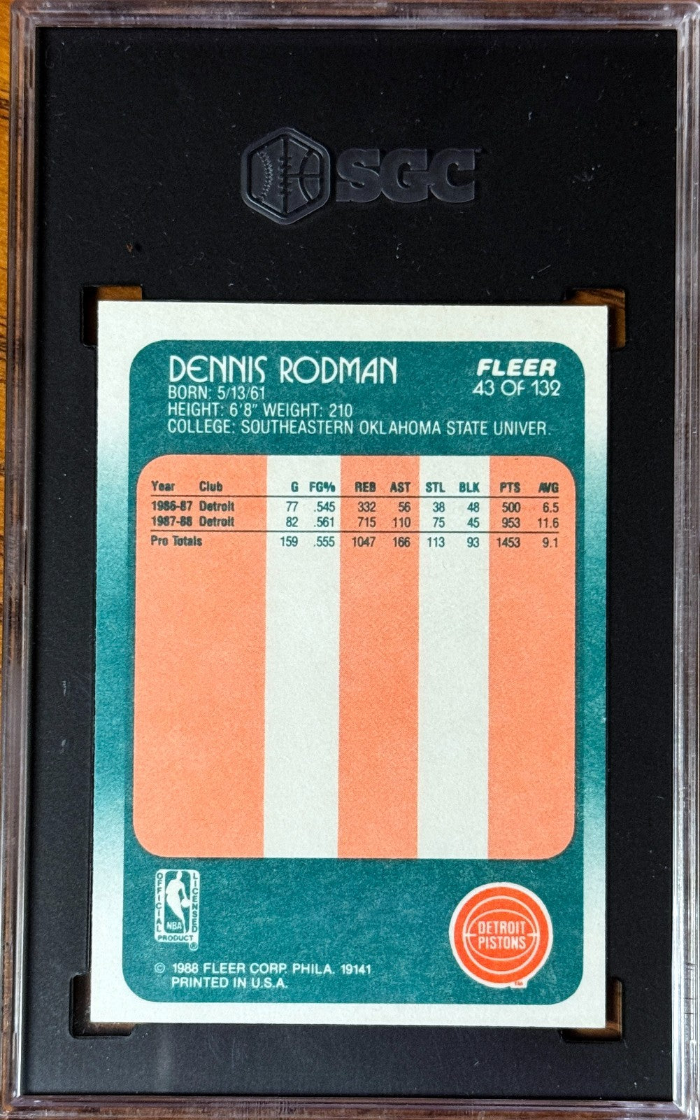 Dennis Rodman 1988-89 Fleer Rookie Card (RC) #43- SGC Graded 7 NM (Detroit Pisto