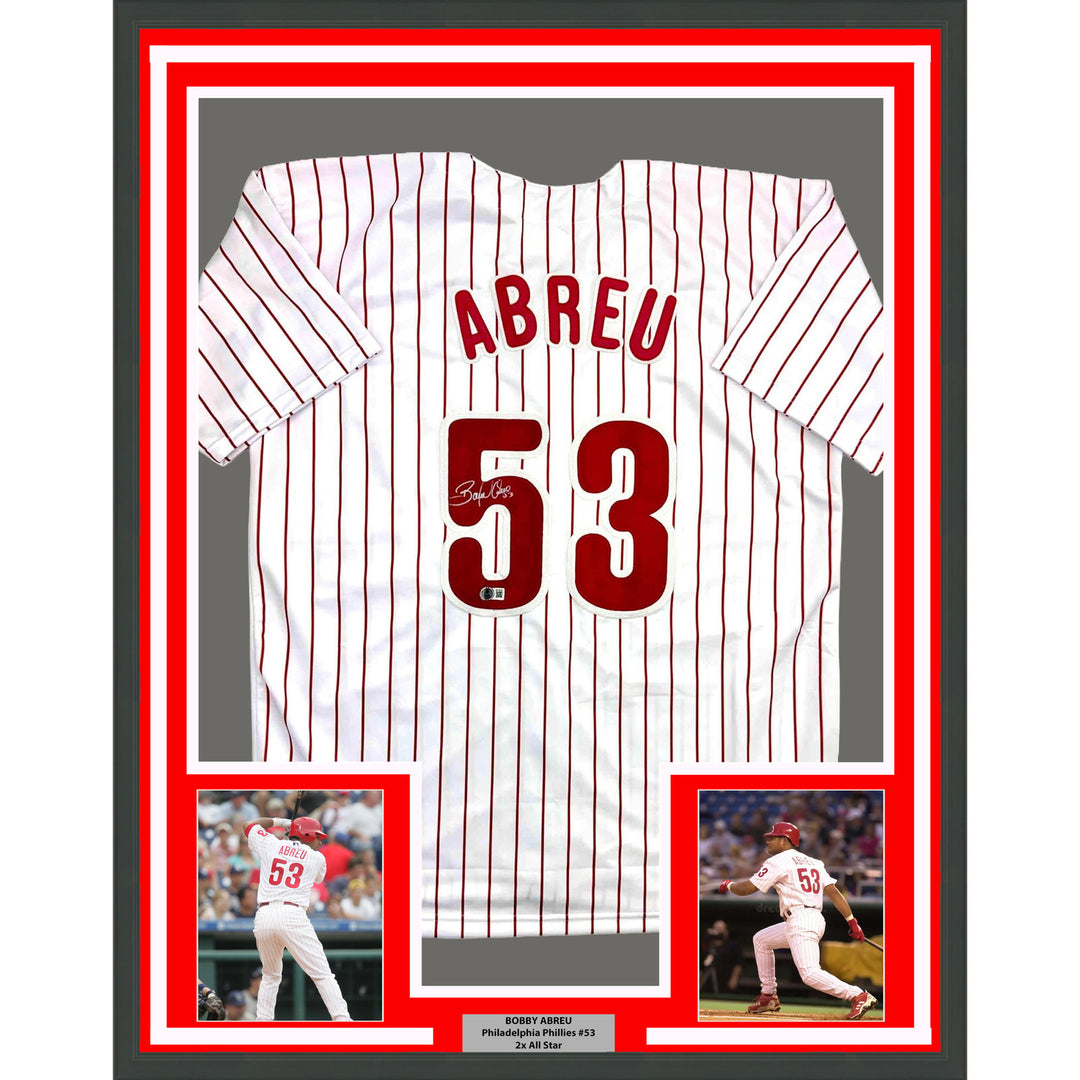 Framed Autographed/Signed Bobby Abreu 35x39 Philadelphia Pin Jersey Beckett COA