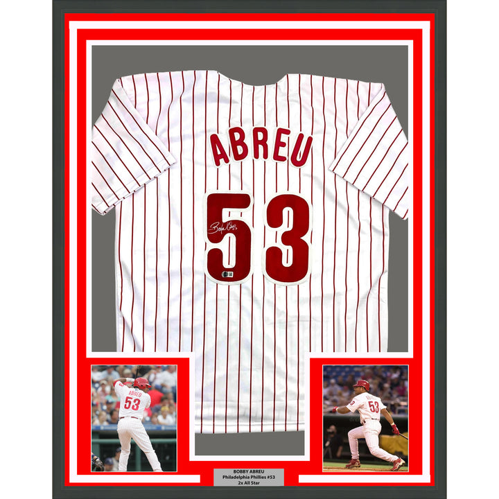 Framed Autographed/Signed Bobby Abreu 35x39 Philadelphia Pin Jersey Beckett COA