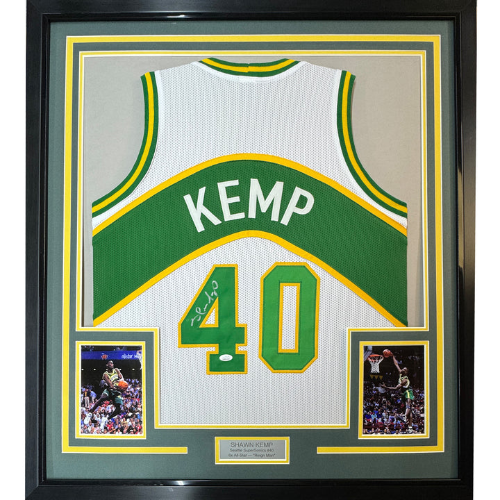 FRAMED Autographed/Signed SHAWN KEMP 33x42 Seattle White Jersey JSA COA Auto
