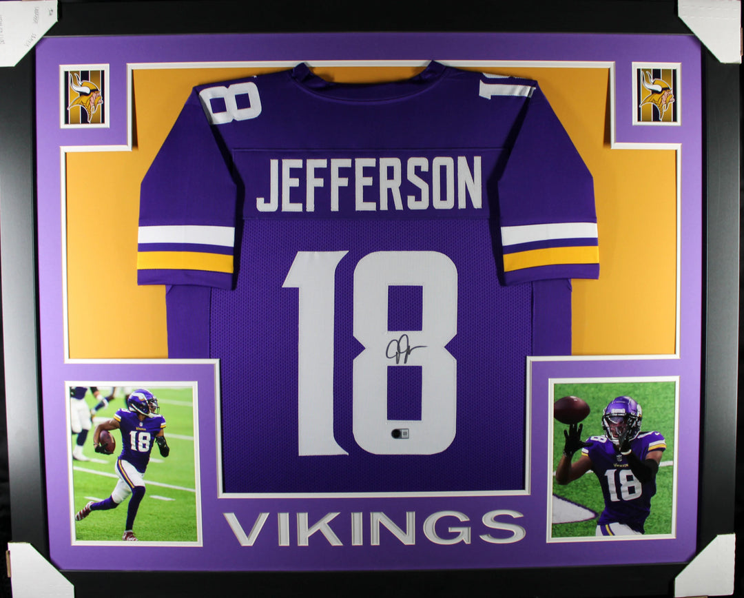 Justin Jefferson Signed Minnesota Vikings Framed Jersey Purple #8 BAS 58645