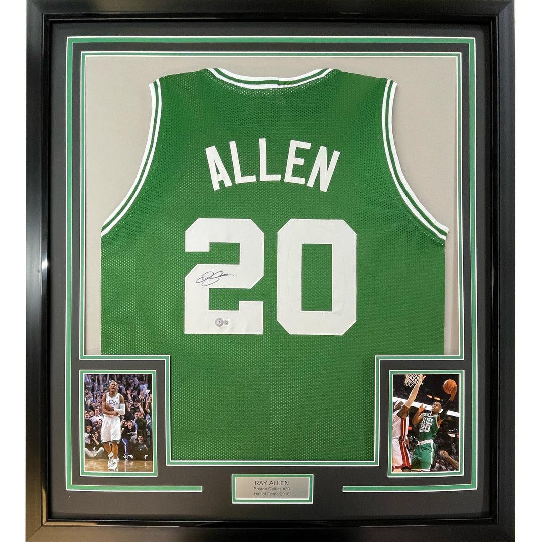 Framed Autographed/Signed Ray Allen 33x42 Boston Green Jersey Beckett COA