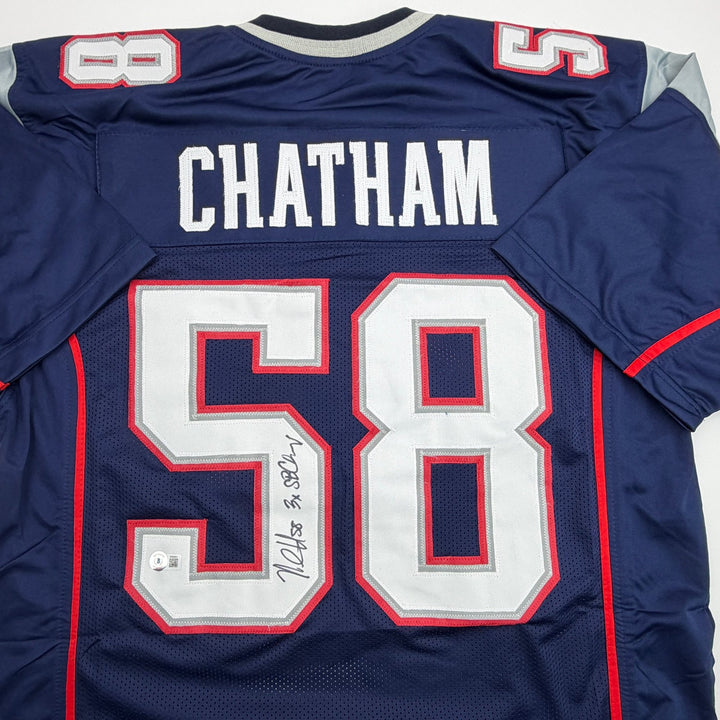 Autographed/Signed Matt Chatham 3x SB Champ New England Blue Jersey Beckett COA