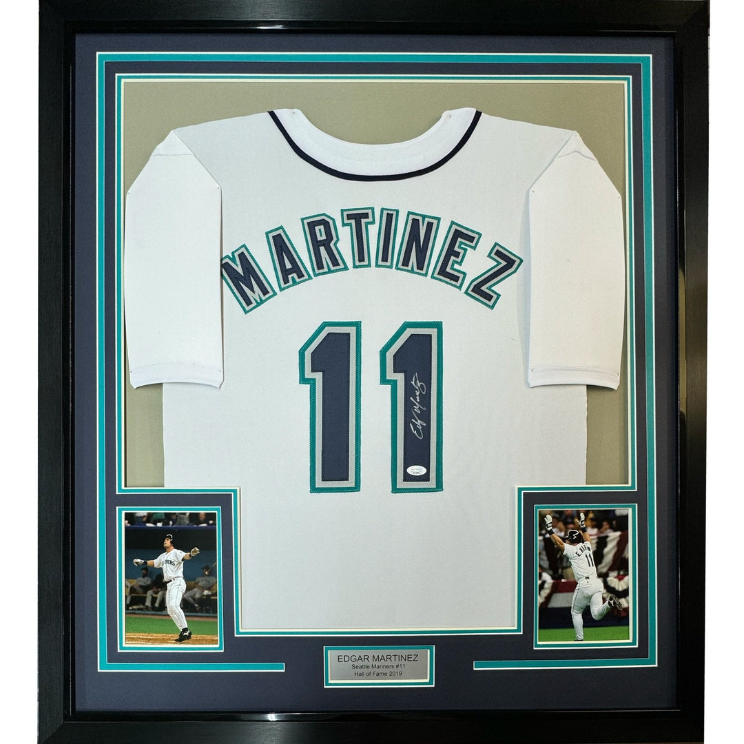 Framed Autographed/Signed Edgar Martinez 35x39 Seattle White Jersey JSA COA