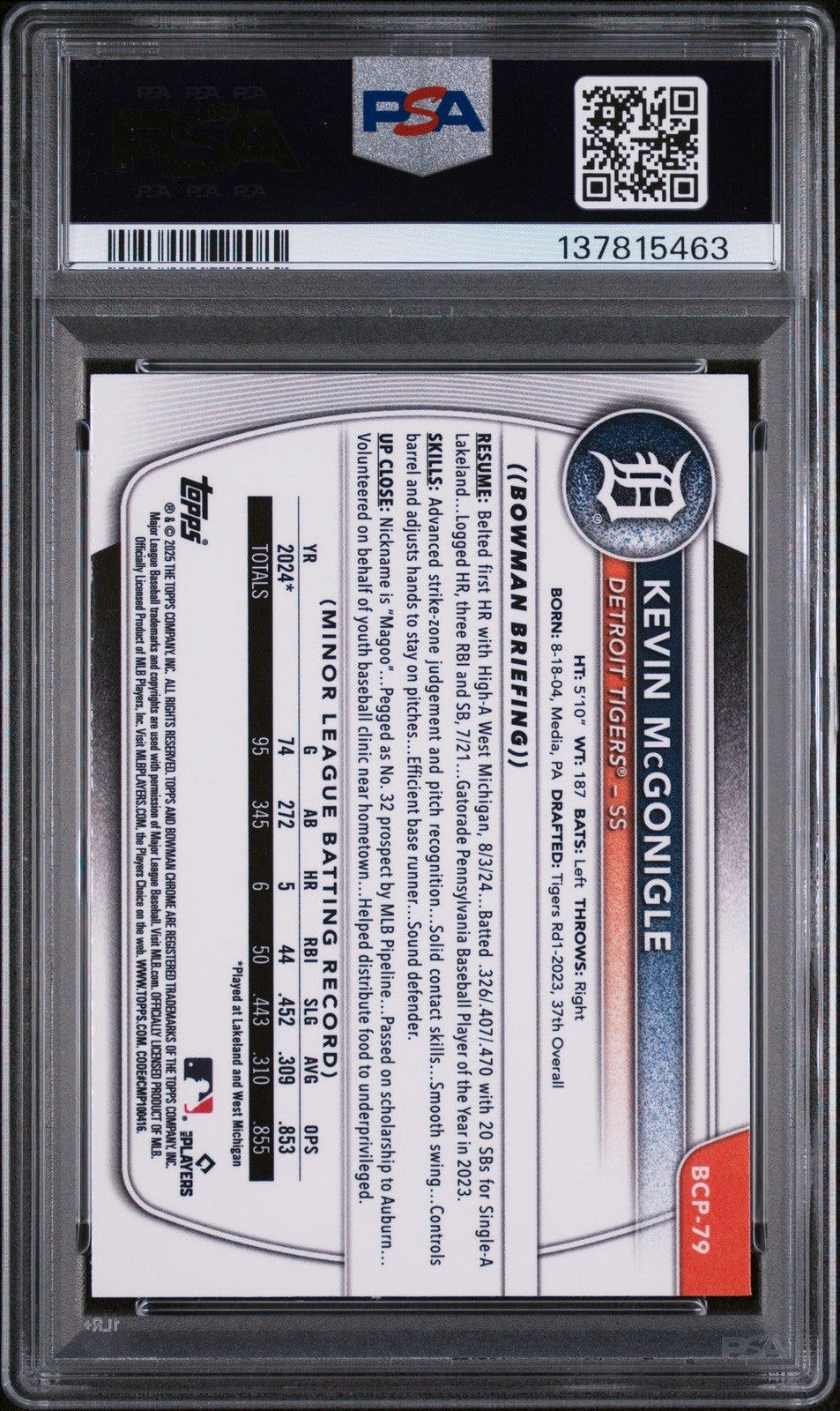 Graded 2025 Bowman Chrome Kevin McGonigle #BCP79 Prospects RC Card PSA 10